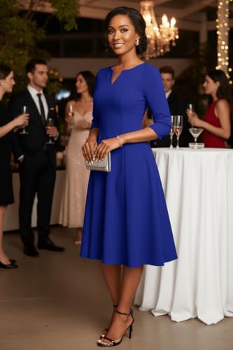 Image of Nmoder Midi Dresses for Women A-Line Fit and Flare Dress 3 /4 Sleeve V Neck Cocktail Wedding Guest Work Dress with Pockets