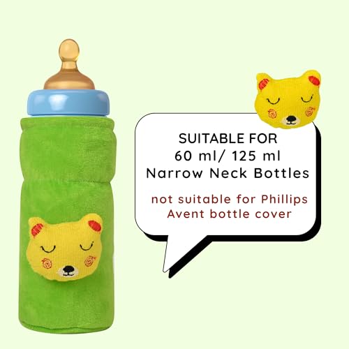 Image of Soft Plush Stretchable Baby Feeding Bottle Cover Easy to Hold Strap with Cute Animated Cartoon| Suitable for 60-125 Ml Feeding Bottle (Peach-Green)