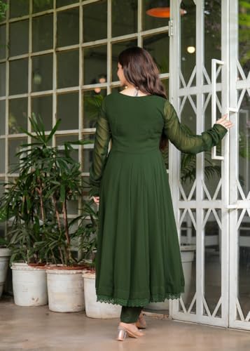 Image of Olive Green Flared Anarkali Dress with Lace Detailing Suit Set
