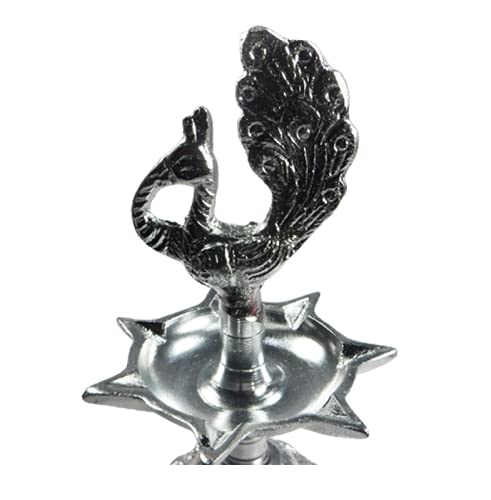 ORIVILLE WHITE METAL Finish DIYA: Peacock-Topped Medium KASHI SAMAI KUTHU VILAKKU SAPTA (07-Notched) DEEPAM/ JYOTI/ LAMP with Stand (07 Inches: Please RE-ASSEMBLE on receipt - as per photo instructions) - Image 5 thumbnail