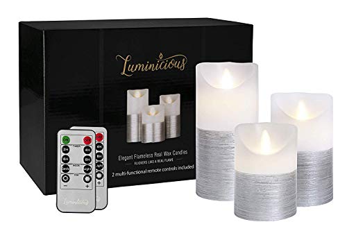 Silver LED Candles Flameless Flickering Flame | Battery Operated Electric Real Wax Candle with Realistic Flicker Moving Flame with 2 Remote Controls & Timer | Decorative Home Decor Gift for Women