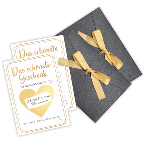 WALLFID Tarjeta para rascar set de 2 – Das schönste Geschenk ist gemeinsame Zeit – Tarjeta sorpresa personalizable con función de vale regalo, 2 sobres & pegatinas para rascar