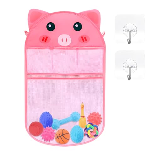 HMCEY Bolsa Juguetes Bañera,Organizador de Juguetes Baño,Red Ducha Juguete con 2 Ganchos,Bath Toy Organizer,Cesta Juguete Ducha,Almacenaje Bañera Niños,Red de Almacenamiento Baño para Colgar-Piglet