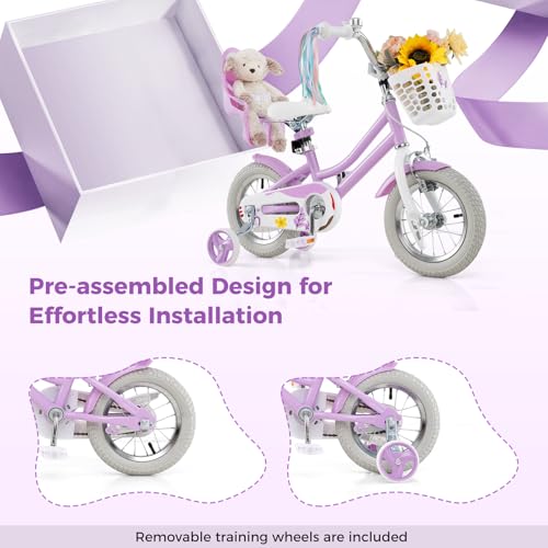 Image of BABY JOY Girls Bike with Streamers & Doll-Seat, Kids Bike for 3-8 Years Old | 12 14 16 18 20 Inch Children Bicycle w /Detachable Training Wheels or Kickstand, Storage Basket, Adjustable Seat and Handlebar