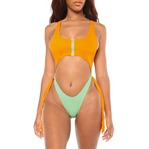 Rambling Women S Sexy Zip Front Cutout High Leg One Piece Swimsuits Brazilian Swimwear Yellow Wantitall