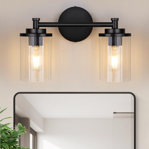 Image of Bathroom Light Fixtures Black Vanity Lights 2-Light Bathroom Vanity Light 14 Inches Vanity Lighting for Bathroom Wall Lamp for Mirror Farmhouse Vanity Lighting Fixtures for Hallway Wall