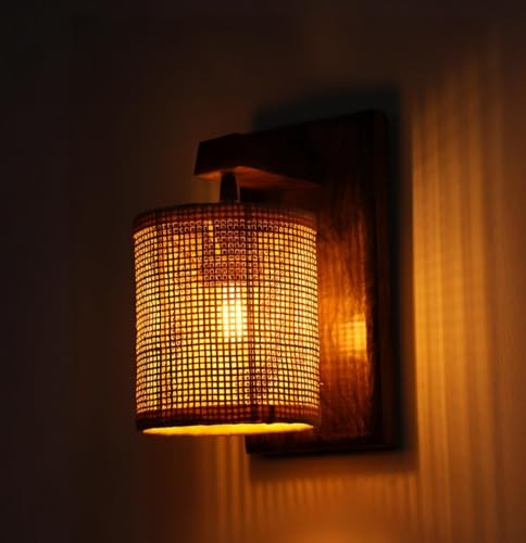 Image of Ikari Homes Rustic Wooden Wall Lamp I Cylindrical Raffia Shade I Vintage Wall Lamp I Boho Rattan Wall lamp for Bedroom /Balcony /Living Room /Outdoor /Entrance - Size 10 x 5 in (Rattan Square Mesh)