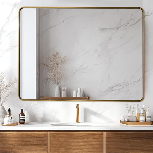 Image of ANDY STAR 48x36 Inch Gold Bathroom Mirror, Brushed Gold Mirrors for Wall in Anti-Rust SUS304 Tube Metal Frame, Rounded Rectangle Mirrors 1'' Deep Wall Mounted Vertically /Horizontal for Bathroom