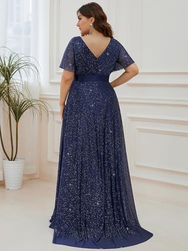 Image of Ever-Pretty Plus Women's Glitter Formal Dress Evening Gown for Gala V-Neck Short Sleeve Floor Length Plus Size Prom Dresses