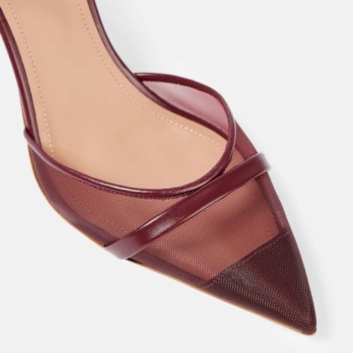 Goolita Burgundy Mesh Mule Heels For Women, Closed Pointed Toe Stiletto Slingback Heels Backless Slip On Party Dress Pump Shoes3
