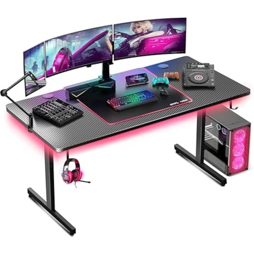 GTPLAYER 55 Inch Gaming Desk with LED Lights, Large Computer Desk with Mouse Pad for Home Office, T-Shaped Carbon Fibre Surface PC Game Workstations with Headphone Hook