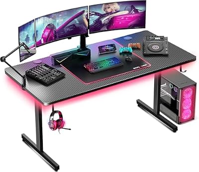 GTPLAYER 55 Inch Gaming Desk with LED Lights, Large Computer Desk with Mouse Pad for Home Office, T-Shaped Carbon Fibre Surface PC Game Workstations with Headphone Hook