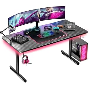 GTPLAYER 55 Inch Gaming Desk with LED Lights, Large Computer Desk with Mouse Pad for Home Office, T-Shaped Carbon Fibre Surface PC Game Workstations with Headphone Hook