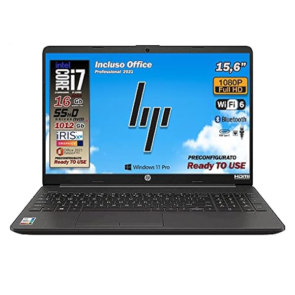 HP 250 G9, Pc portatile notebook, Intel Core i7 12Th, 10 cORe, Ram 16Gb, SSD 512Gb HDD 500 Gb, Display 15.6" Full HD, Win 11 Pro, Pacchetto Office 2021, portatile pronto all'uso, Garanzia Italia
