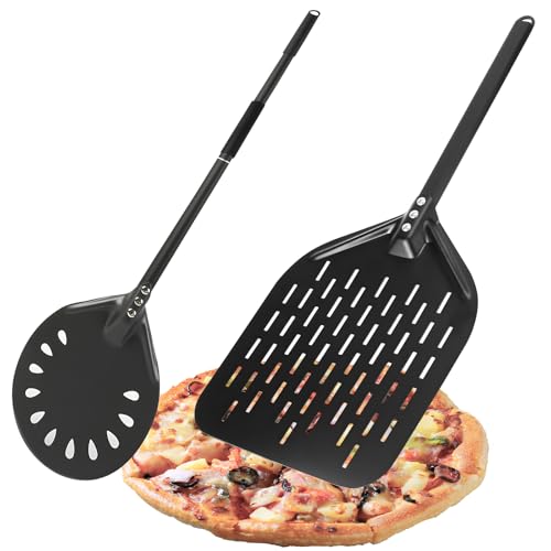 Pizzaschieber & Pizzawender Set, 2er Set Aluminium Pizzaschaufel, Perforierte Pizzaheber mit Komfortabler Griffe, für hausgemachte Pizza, 30 cm Rechteckige & 15cm Runde (80cm)