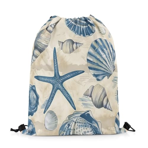 Image of jejeloiu Nautical Drawstring Backpack 13x15.7inch Ocean Theme Seashell Waterproof Gym Drawstring Bags Tropical Beach Sports String Backpack Beach Swim Travel Bag Sackpack