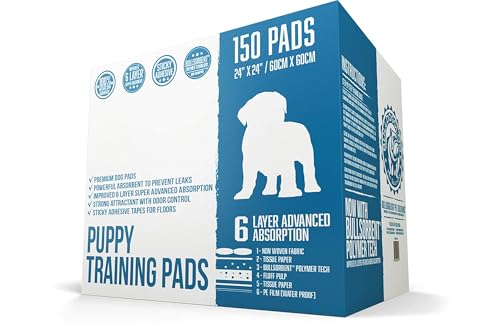 Image of Puppy Pee Pads with Adhesive Sticky Tape (24x24) Large Premium Dog Pads - 6 Layer Dog Training Pads and Pet Wee Pads with Quick-Dry Bullsorbent Tech (150-Count, White)