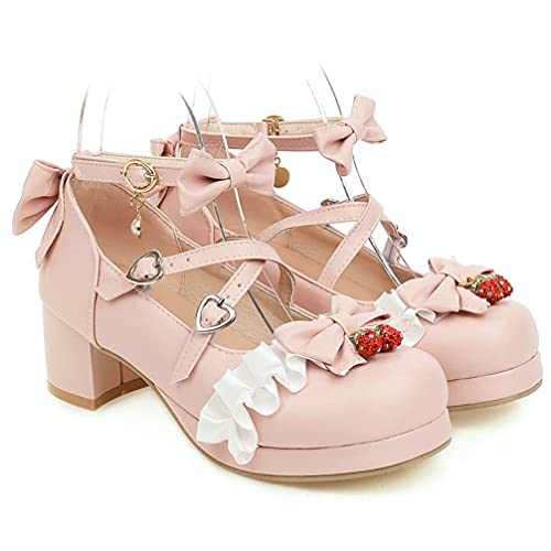 KOKOMOMO Womens Sweet Lolita Platform Shoes Kawaii Bow Mary Janes Low Block Heel Pumps3