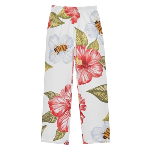 ZZXXB Hibiscus Flower Bee Boys Long Pants Soft Trousers Elastic Waist Kids Lounge Bottoms with Pockets S-XL