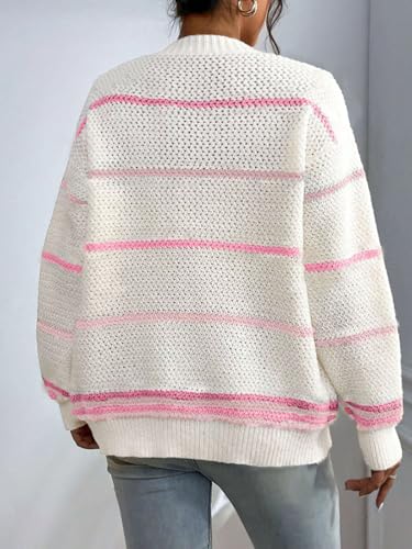 chouyatou Women Fall Lightweight Rainbow Striped Cardigan Sweater Open Front Casual Oversized Cardigan Top2