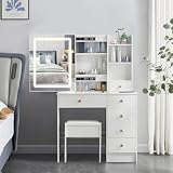 Puselo Tocador de maquillaje con espejo de luces, cajones, taburete acolchado, juego de escritorio de maquillaje grande para mujeres y niñas (espejo de control inteligente 91206)