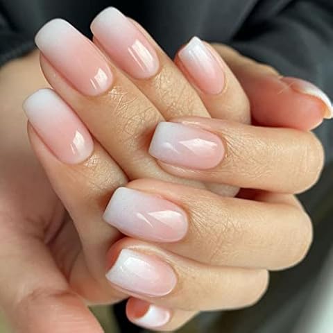 Sethexy Short Square Ombre False Nails Natural Pink Press on Nails Glossy Fake Nails 24Pcs Acrylic Stick on Nails for women and girls Cover