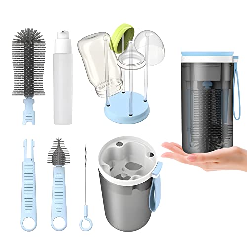 Image of AivaToba Travel Baby Bottle Brush Set, Baby Bottle Cleaning Set with Portable Drying Rack, Silicone Bottle Brush, Nipple Brush, Straw Brush, Soap Dispenser, Gift for New Moms-Blue