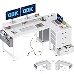 ODK Corner Desk with Drawers, L Shaped Computer Desk 140x80cm with USB Charging Port & Power Outlet, Home Office Desk with Monitor Stand and PC Stand, Gaming Desks Workstations, White