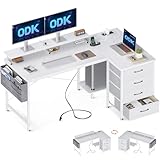 ODK Corner Desk with Drawers, L Shaped Computer Desk 140x80cm with USB Charging Port & Power Outlet, Home Office Desk with Monitor Stand and PC Stand, Gaming Desks Workstations, White