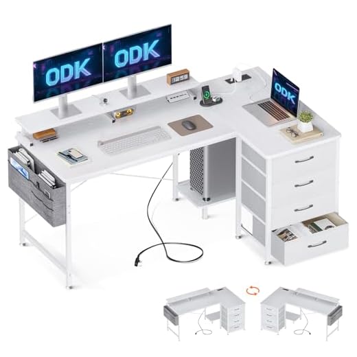 ODK Corner Desk with Drawers, L Shaped Computer Desk with USB Charging Port & Power Outlet, Home Office Desk with Monitor Stand and PC Stand, 140x80cm Gaming Desks Workstations, White