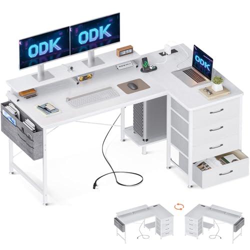 ODK Corner Desk with Drawers, L Shaped Computer Desk 140x80cm with USB Charging Port & Power Outlet,...