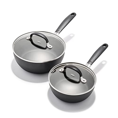 Image of OXO Good Grips 1QT and 2QT Saucepan Pot Set with Lids, 3-Layered German Engineered Nonstick Coating, Stainless Steel Handles with Nonslip Silicone, Black