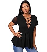 OYOANGLE Women's Plus Size Mesh Short Sleeve Criss Cross Front Plunging Neck Peplum Blouse