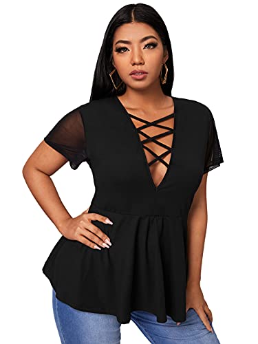 OYOANGLE Women's Plus Size Mesh Short Sleeve Criss Cross Front Plunging Neck Peplum Blouse