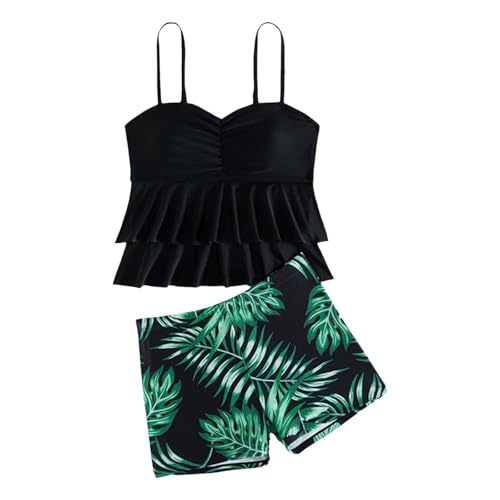 Generisch 2026 Conjunto de traje de baño de estilo tropical para niños grandes y niñas con cuello con volantes, parte superior y pantalones cortos, Negro , 15
