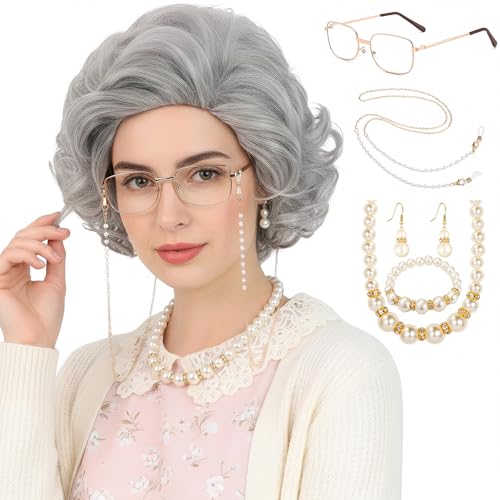 Bettecos Old Lady Wig Costume Set for Women Short Curly Grandma Wig and Glasses Silver Grey Granny Wigs for Old Woman Cosplay Halloween Party (Silver Grey/Old Lady)