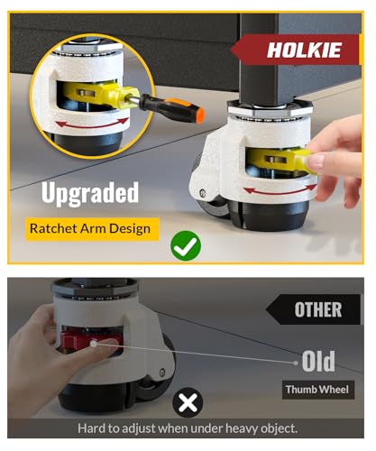 HOLKIE Leveling Stem Casters Set of 4 Heavy Duty Retractable Caster Wheels, 1/2\" and M12 Stem Size, Total Capacity 4960 Lbs, Adjustable Wheel with Ratchet Handle for Workbench, Machine, Equipment