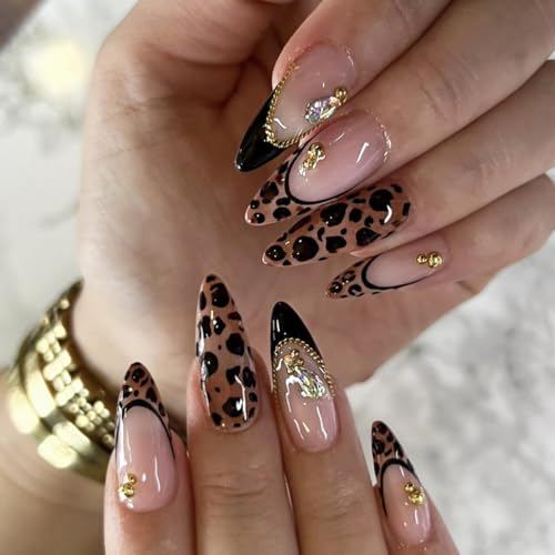 Image of Leopard Print Press on Nails French Tip Fake Nails with Gold Design Glossy Full Cover Glue on Nails Medium Almond False Nail Artificial Acrylic Diamond Stick on Nail for Women Manicure 24Pcs