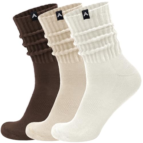 AugRing Scrunch Slouch Crew Socks Retro Ribbed Cotton Cushioned 3 Pack Boot Sneaker Gym Cozy Calf Socks For Men & Women (US Numeric 5 10 Regular Regular Light Beige/Beige/Brown)