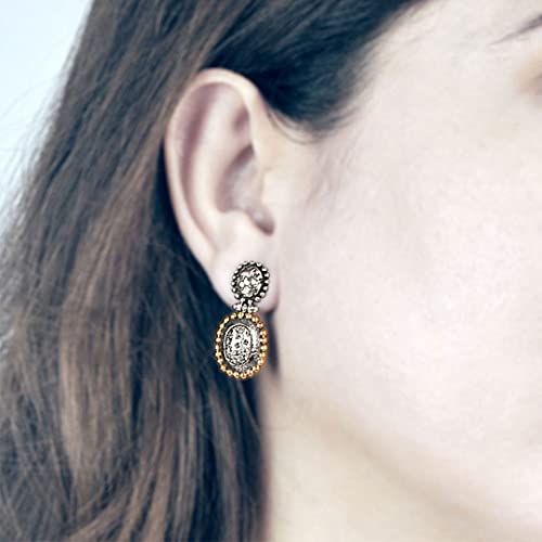 Deni Jewelry 925 Sterling Silver And 18K Gold Dangle Earrings With Plaster Texture And Sun Flower Design With White Topaz Gemstone For Women, Mother's Day, Father's Day, Christmas And Jewelry Gift #TOP3
