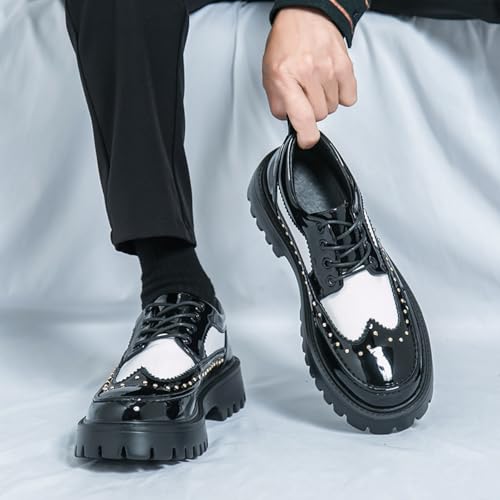Image of Men's Patent Leather Platform Wingtip Oxford Shoes with Rivets Round Toe Lace Up Lug Sole Brogue Dress Shoes Comfortable Business Work Causal Derby Oxfords