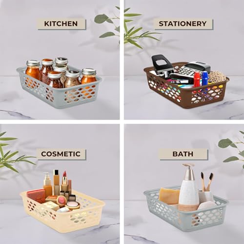 Image of RATAN PLASTICWARE Diana Tray Rectangular-Medium (Pack of 6) Plastic Storage for Desk Basket /Organizers for Stationery, Jewellery, Tools,Kitchen, Office-Lt Brown / Daiso Grey / Twist Beige