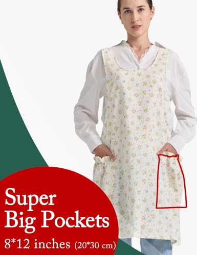 Image of Cozy Adjustable Cross Back Aprons for Women with Pockets Cotton Linen Cooking Kitchen Baking