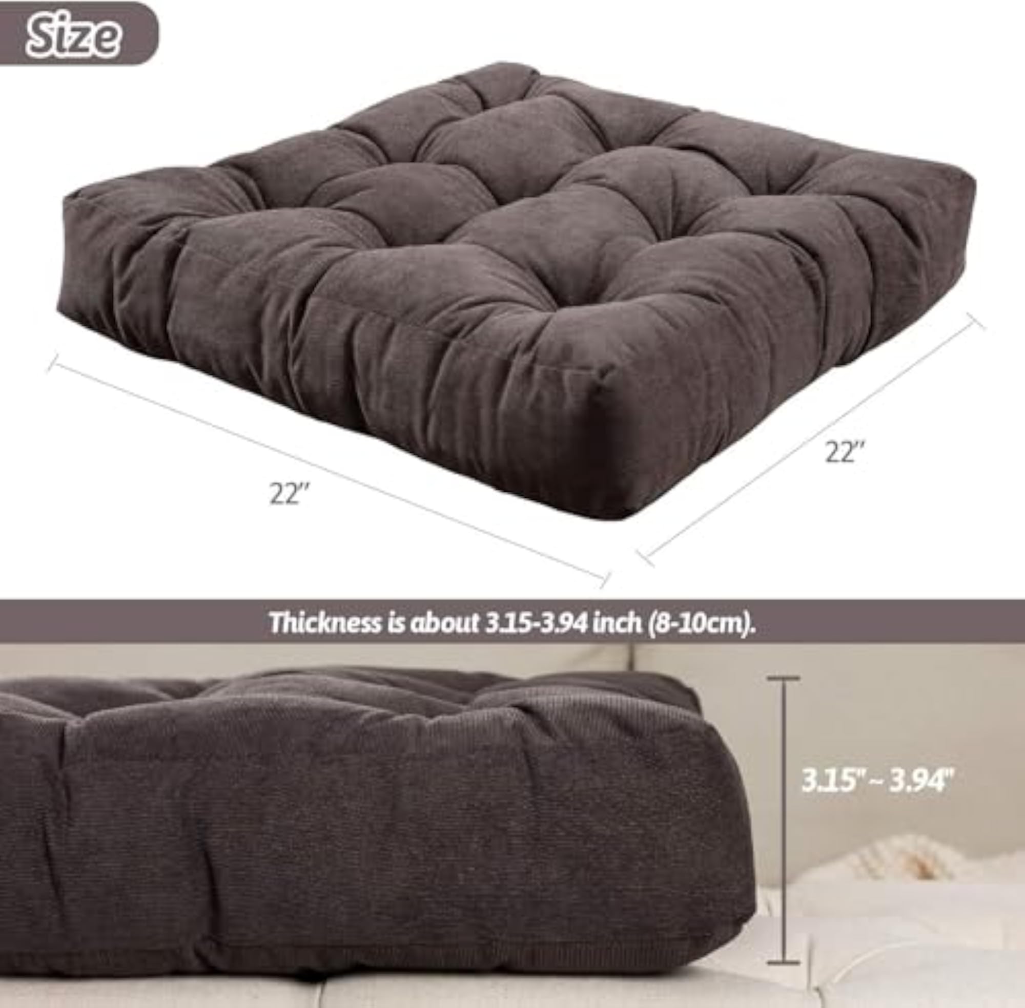 Square Meditation Pillow for Floor Seating, Thick Tufted Cushion