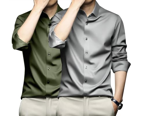 Image of DEELMO Combo of Men's Stylish Solid Satin Casual Shirt for Men Full Sleeves| Poly Satin Silk Shirt Pack of 2