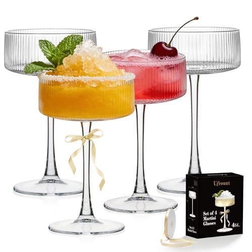 Ufrount 4 Pcs Ribbed Coupe Glasses, 10 oz Vintage Martini Glasses, Elegant Cocktail Glassware Gift Set for Espresso Martini, Wine, Champagne, Home Bar, Parties