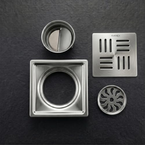 Image of EVANEX Square Shower Drain Channel | 304 Stainless Steel Waste Water Floor Drain with Cockroach Trap| 5x5 Inches Bathroom Drain Channel | Drainer Channel | Bathroom Jali | Bathroom Accessories Set