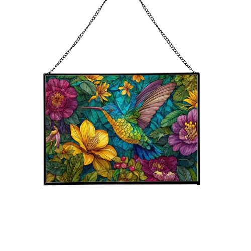 Hummingbird Darting – Tropical Bloom Animal Stained Glass Suncatcher – Rectangular Hanging Window Panel with Artistic Nature Background – Wildlife Glass Art Gift for Animal and Nature Lovers E9eD8j