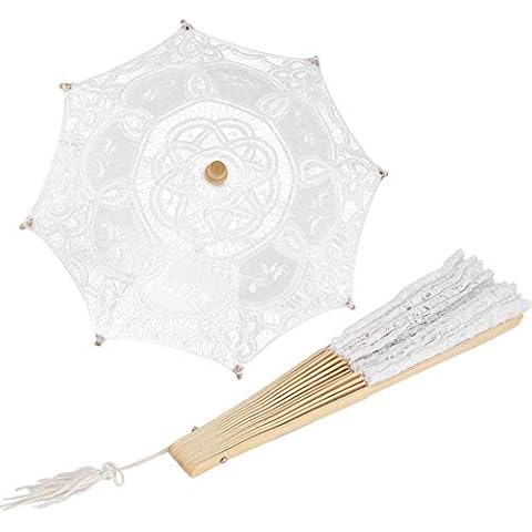 Oumij Lace Umbrella + Decorative Folding Fan - Bridal Wedding Parasols - with Wooden Handle - for Lady,Women - Party Decor - Dancing Photography Prop Cover