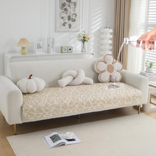 Image of HOKIPO 'Elira Series' Polyester Blend Digitally Printed Water Repellent + Waterproof Sofa Seat Mat for 3 Seater Sofa - Beige Abstract Geometry (NEW-AR-5248-C3*1)